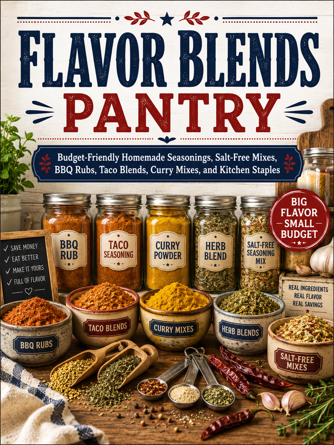Flavor Blends Pantry: Budget-Friendly Homemade Seasonings, Salt-Free Mixes, BBQ Rubs, Taco Blends, Curry Mixes, and Kitchen Staples (Spiral Bound)