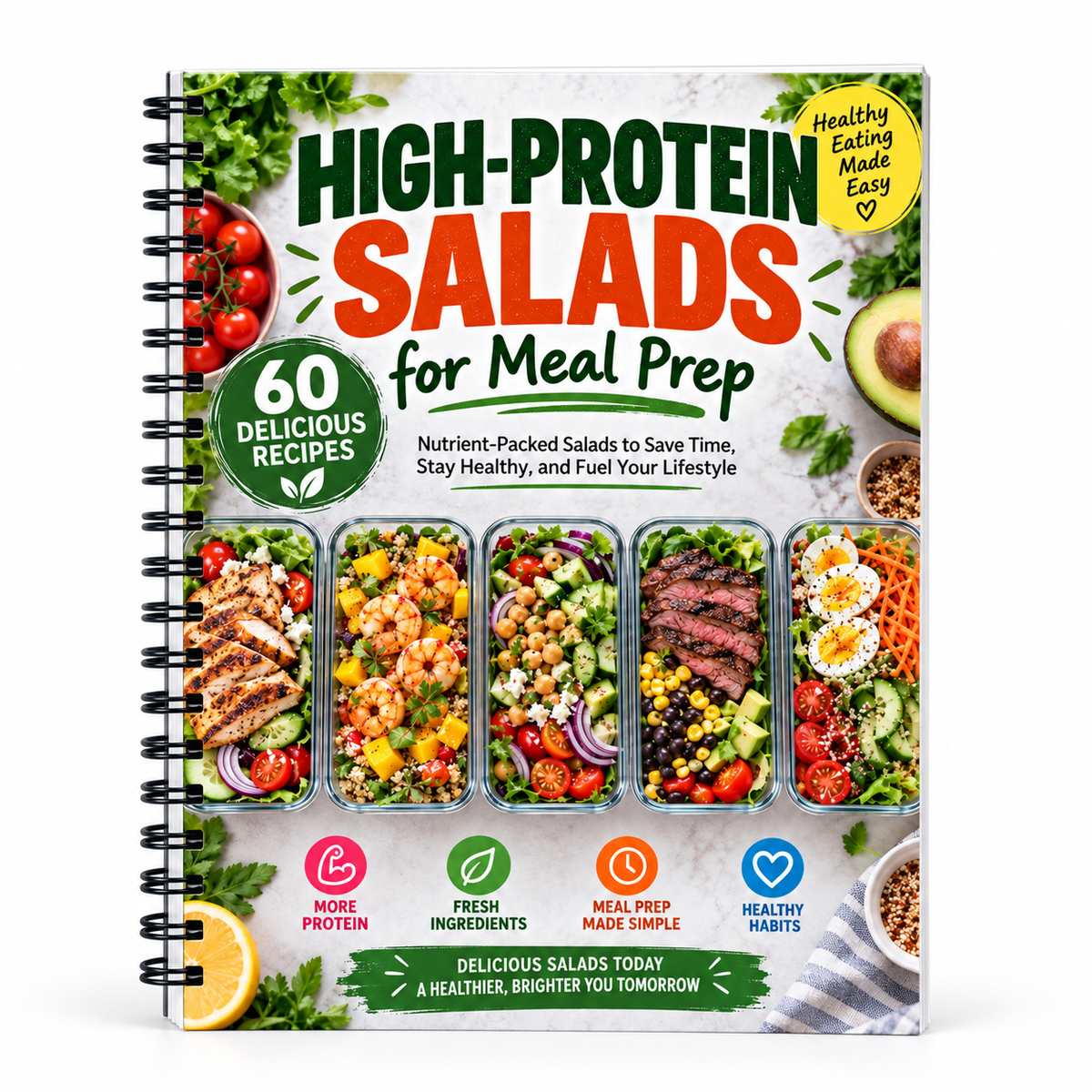 High-Protein Salads for Meal Prep: 60 Healthy Salad Recipes with Chicken, Seafood, Eggs & Fresh Ingredients for Easy Meal Planning, Balanced Nutrition and Everyday Healthy Eating(Spiral Bound)