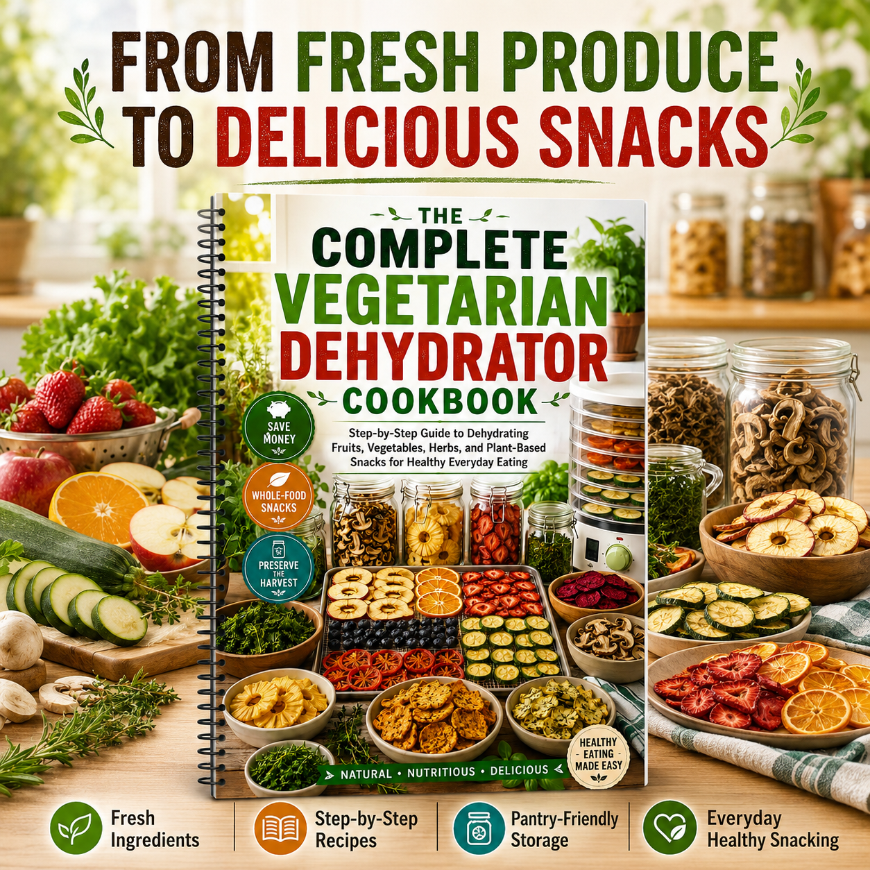 The Complete Vegetarian Dehydrator Cookbook: Step-by-Step Guide to Dehydrating Fruits, Vegetables, Herbs & Plant-Based Snacks for Healthy Eating, Food Storage, and Easy Homemade Snacks(Spiral Bound)