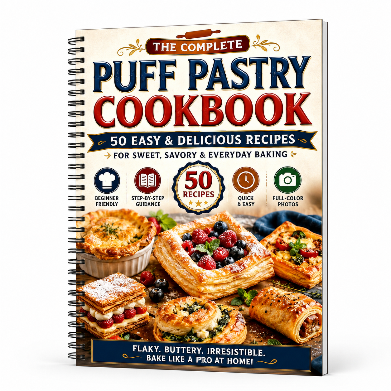 The Complete Puff Pastry Cookbook: 50 Easy & Delicious Sweet And Savory Recipes For Everyday Baking, Beginner-Friendly Step-by-Step Pastry Guide With Quick Appetizers, Desserts, Turnovers, And Full(Spiral Bound, Full Color Edition)