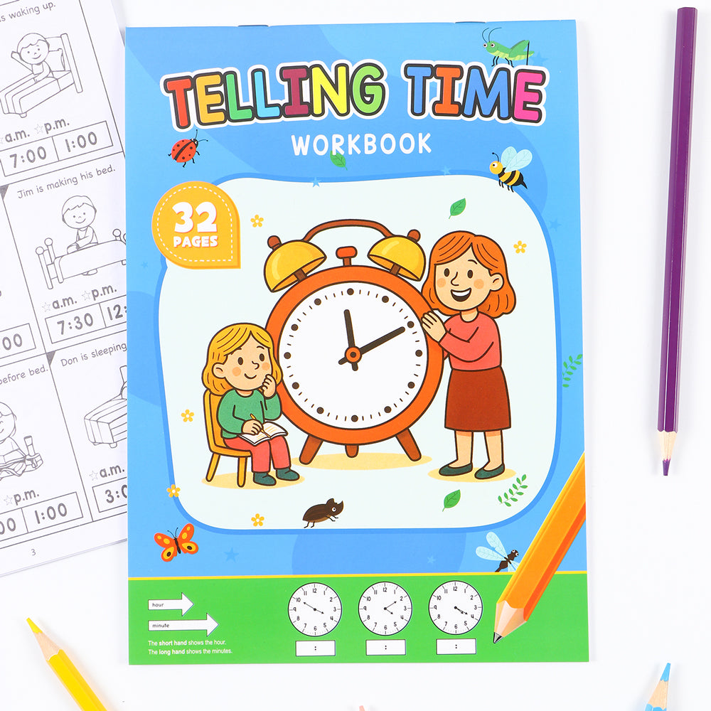 Telling Time Workbook for Kids Ages 2-6, Preschool Clock Learning Book, Time Practice Worksheets with Hours, Minutes, AM PM, and Fun Activities for Early Math Skills