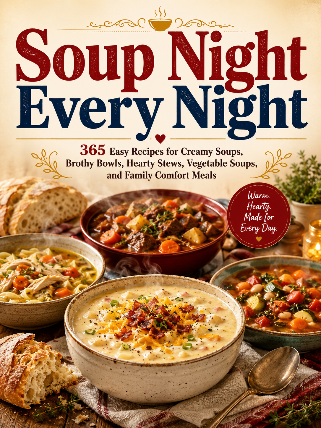 Soup Night Every Night: 365 Easy Recipes for Creamy Soups, Brothy Bowls, Hearty Stews, Vegetable Soups, and Family Comfort Meals (Spiral Bound)