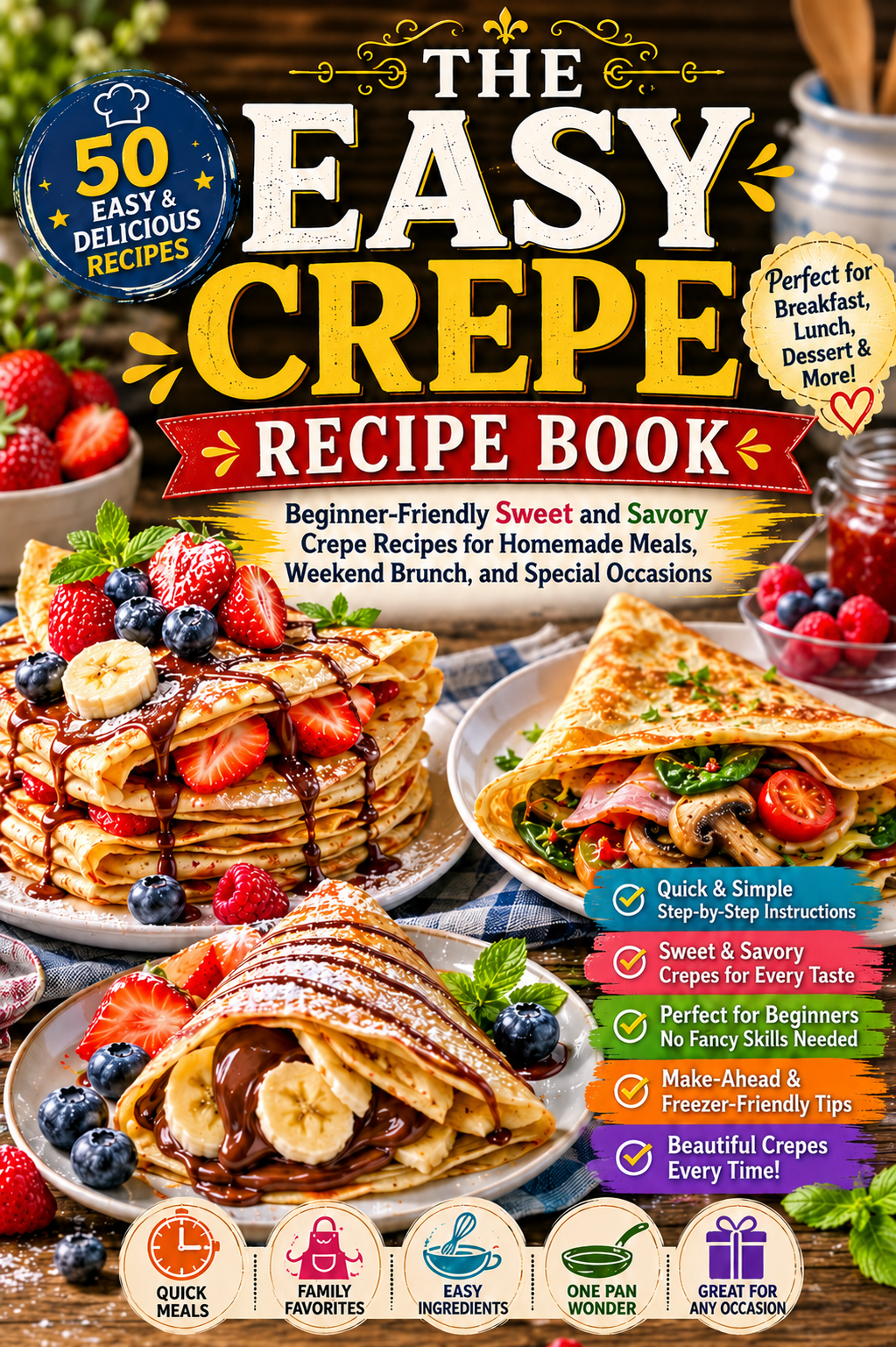 The Easy Crepe Recipe Book: Beginner-Friendly Sweet and Savory Crepe Recipes for Homemade Meals, Weekend Brunch, Breakfast, Desserts, Family Dinners, and Special Occasions( Spiral binding )