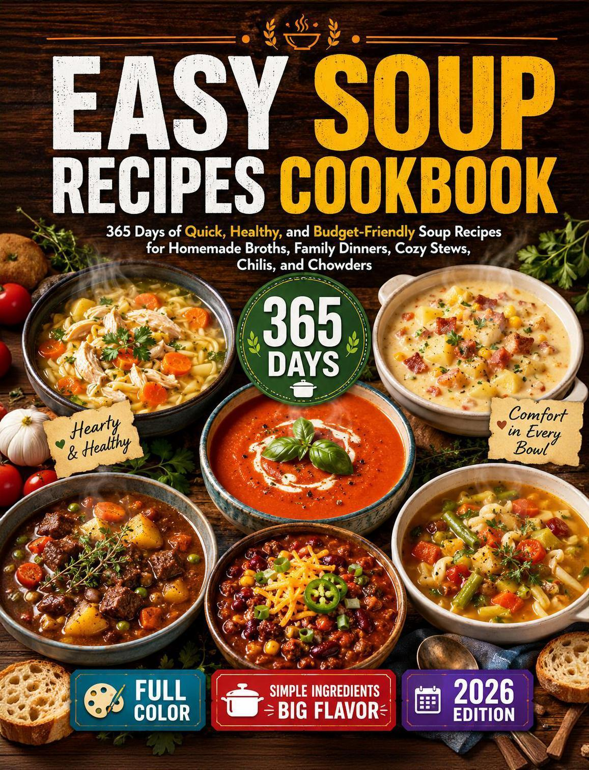 Easy Soup Recipes Cookbook: 365 Days Of Quick, Healthy, Budget-Friendly Soups, Homemade Broths, Cozy Stews, Chilis, Chowders, And Family Dinner Ideas(Spiral Binding)