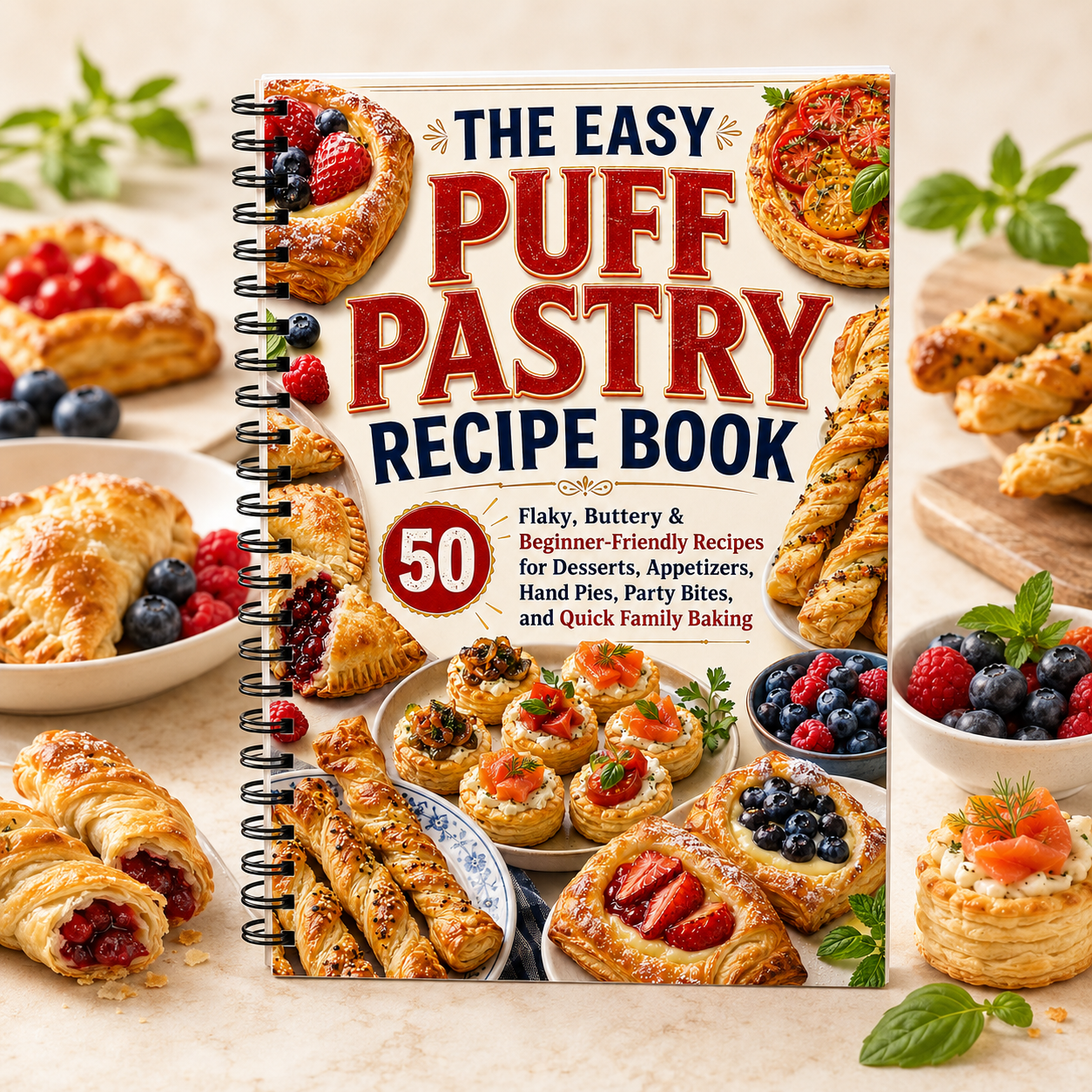 The Easy Puff Pastry Recipe Book: 50 Simple Sweet and Savory Puff Pastry Recipes for Desserts, Appetizers, Turnovers, Hand Pies, Tarts, and Family Baking(Spiral Bound）
