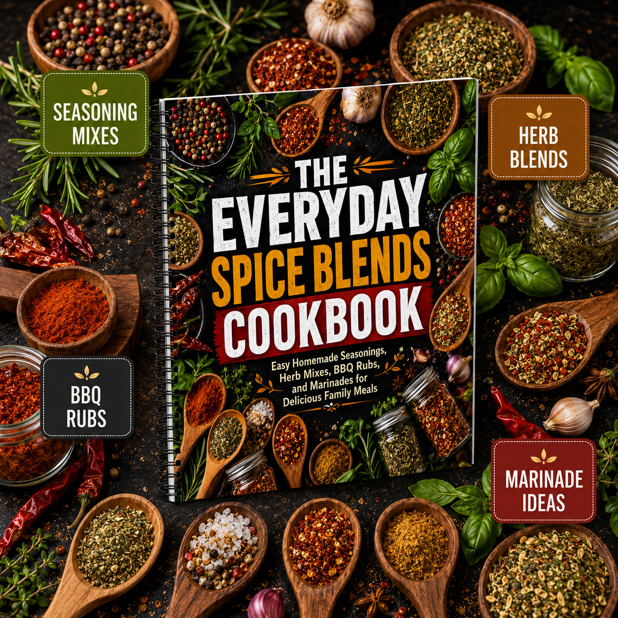 The Everyday Spice Blends Cookbook, Easy Homemade Seasoning Mixes, Herb Blends, BBQ Rubs and Marinades, English Printed Recipe Book for Family Cooking(Spiral Bound)