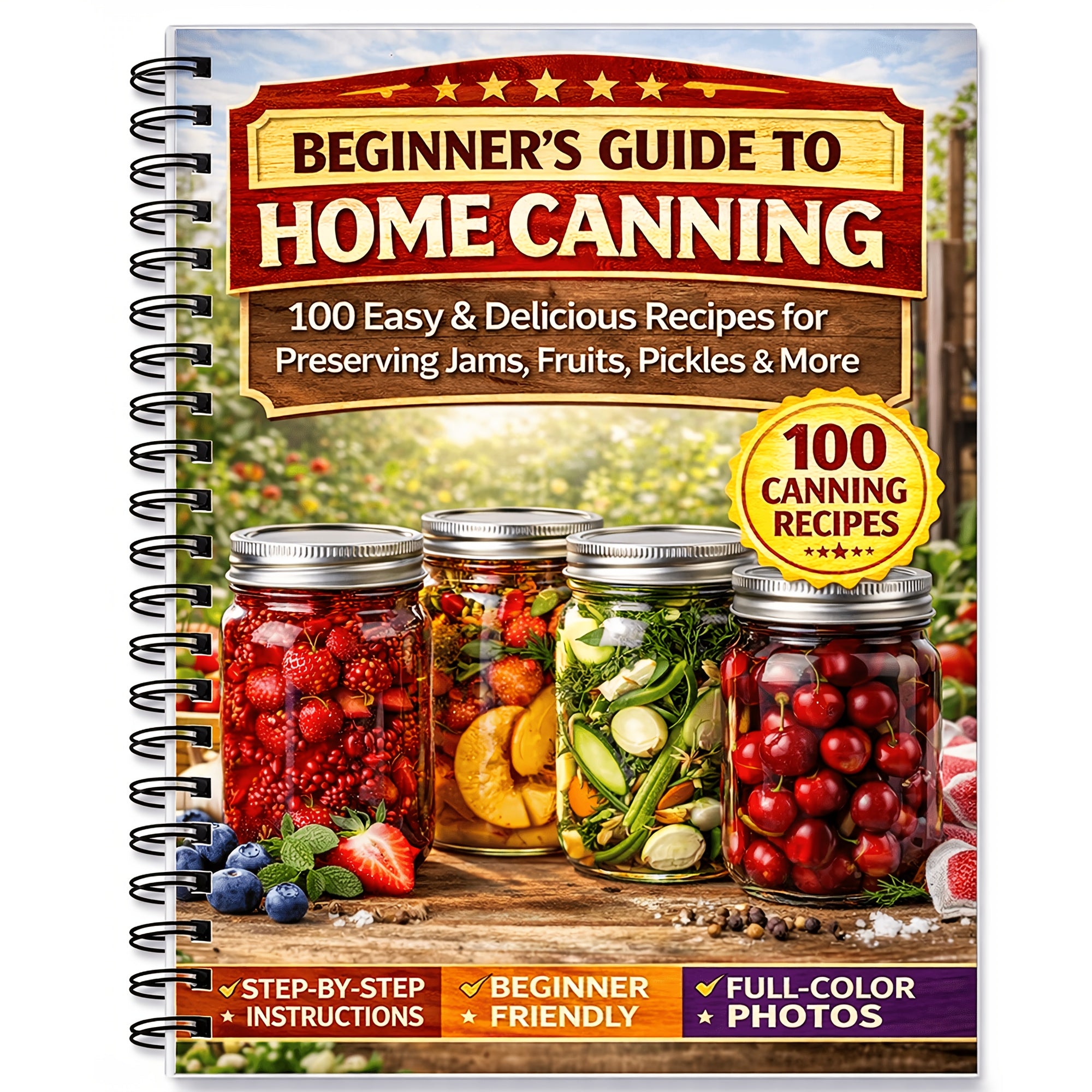 Beginner's Guide To Home Canning:100 Easy & Delicious Recipes For Jams, Fruits, Pickles & More | Step-by-Step Food Preservation Guide For Beginners (Spiral Bound, Full Color Edition)